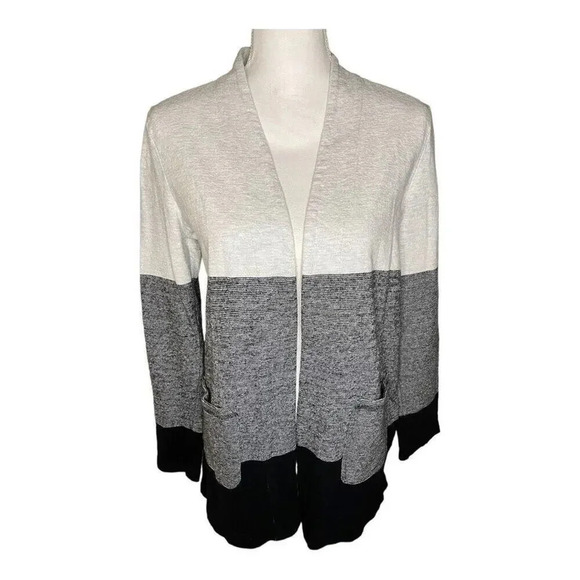 T By Talbots Women’s Small Black White Color Block Long Sleeve Open Front Cardig - Picture 1 of 4